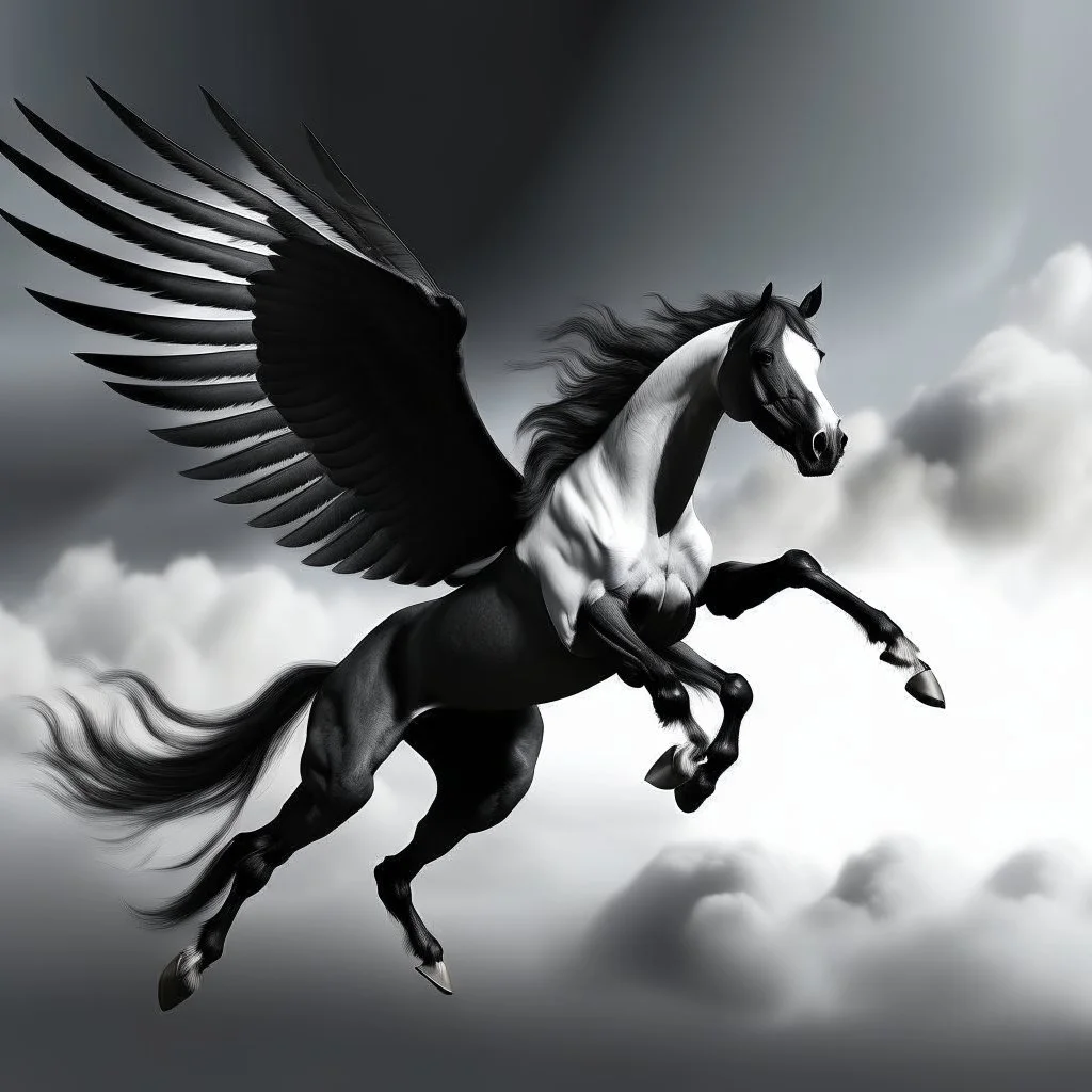 a white and black horse with wings flying in the sky