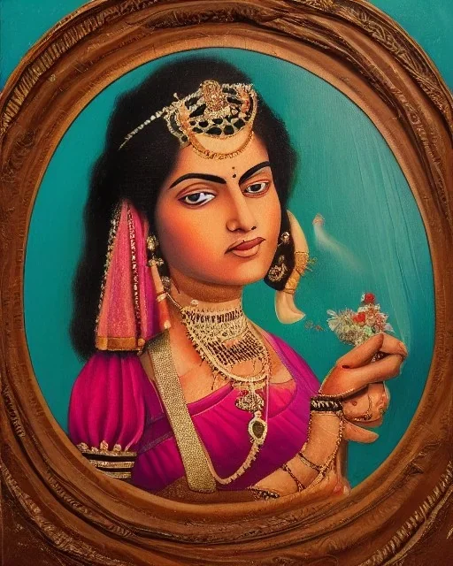 a full vintage portrait of an Indian queen with roses in her hand, detailed, sharp, oil painted, absolute colours,