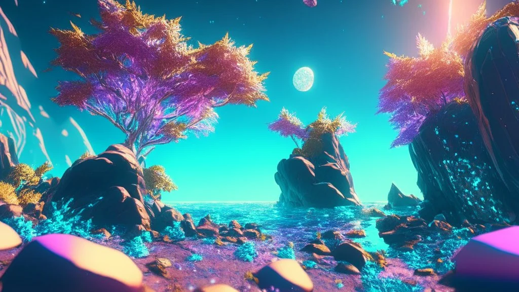 crystal cosmic and galactic ambiance hill sky sea ocean space galaxy rocks sunny trees pools surreal, full of details, smooth, bright sunshine，soft light atmosphere, light effect，vaporwave colorful, concept art, smooth, extremely sharp detail, finely tuned detail, ultra high definition, 8 k, unreal engine 5, ultra sharp focus