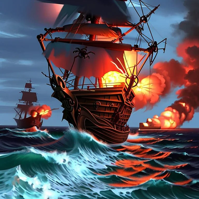 Two pirate ships fight each other at sea. Firing cannons. One ship is hit and burns after being hit.