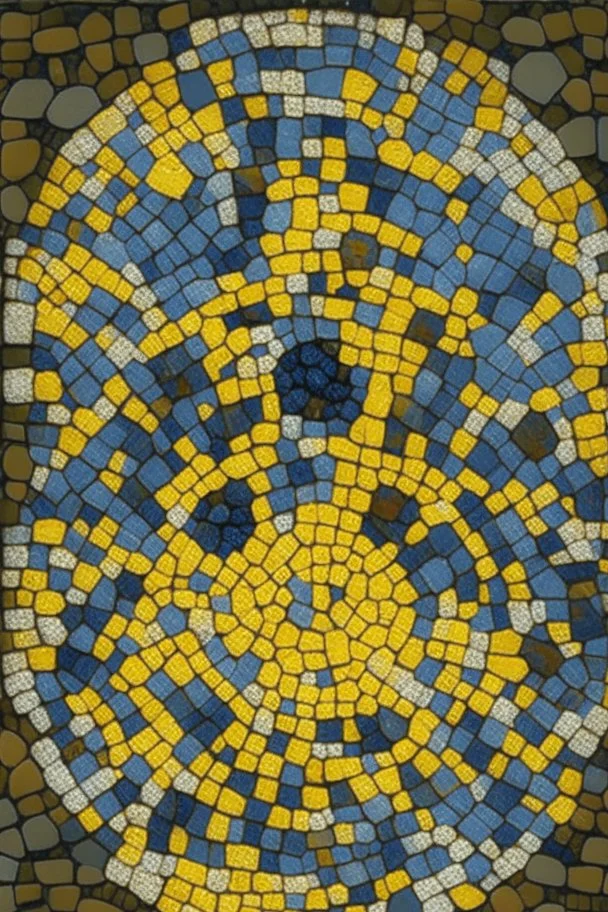 mosaic of round stones depicting a yellow tower