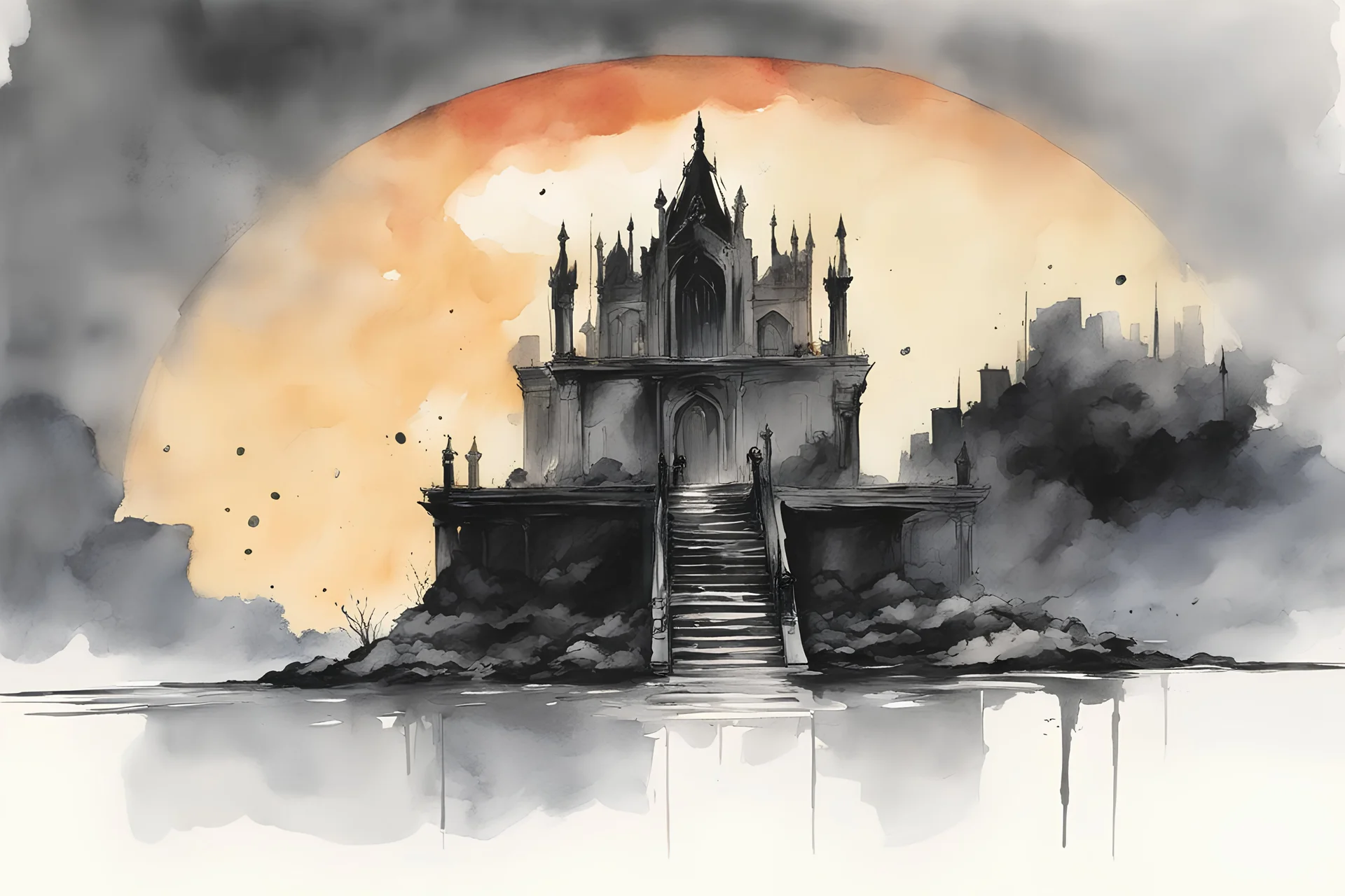 A royal throne sunset casting a warm glow, create in inkwash and watercolor, art style of Olivier Coipel, Mike Mignola, Bill Sienkiewicz