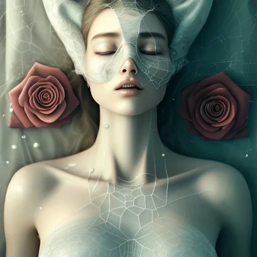 woman sleeping on satin pillow with spiderwebs covering face and hands on chest holding roses, 8k, high-quality, fine-detail, intricate, sharp, crisp, digital art, detailed matte, illustration, octane render, brian froud, howard lyon, Anne Dittman, Anne Stokes, Lisa Parker, Selina French