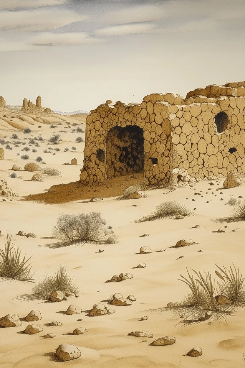 A brown rocky desert with holes designed in Chinese paper art painted by Maurice Utrillo