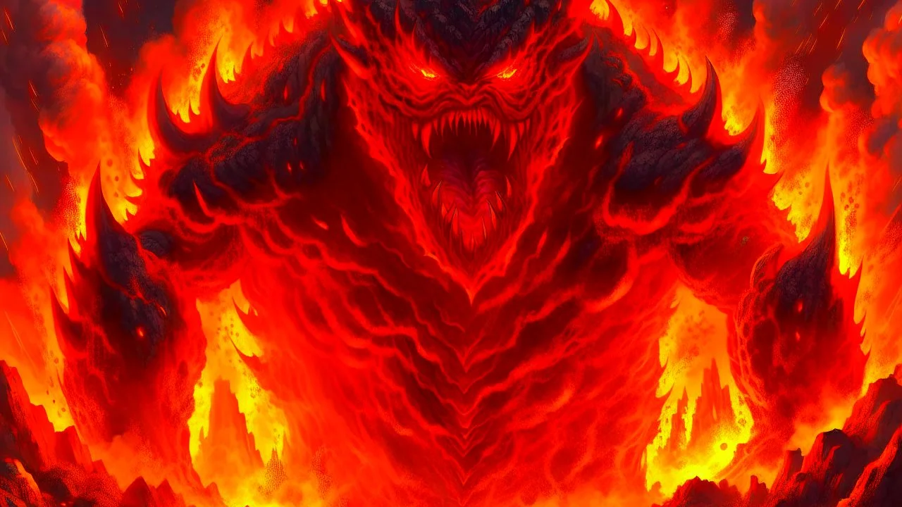 Fantasy digital illustration: 300-foot lava monster, very fierce and scary-looking.