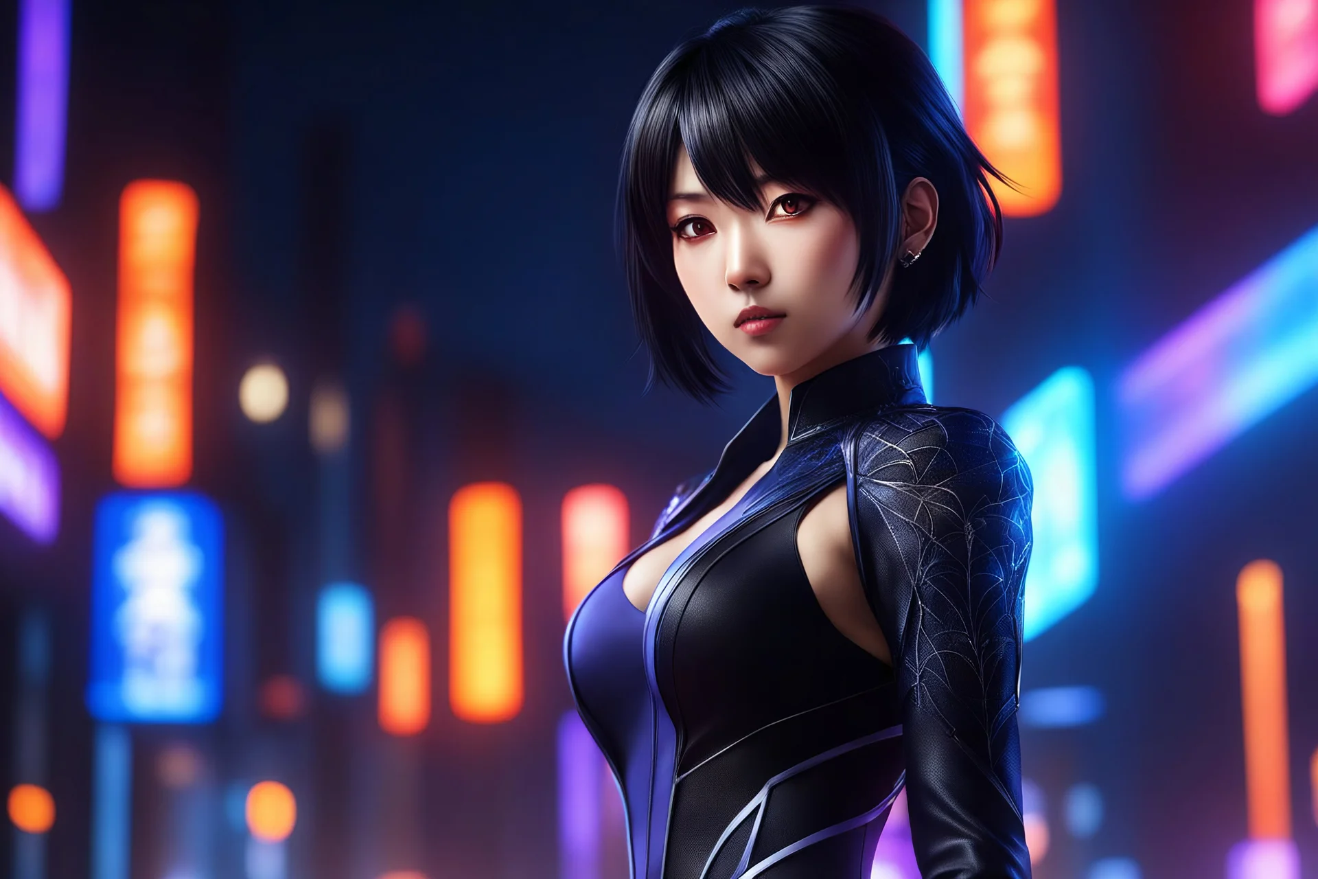 Hot Asian in 8k solo leveling shadow artstyle, silk theme, spider costum, short black hair, dynamic pose, oshare kei, hurufiyya, rtx , neon lights, intricate details, highly detailed, high details, detailed portrait, masterpiece,ultra detailed, ultra quality