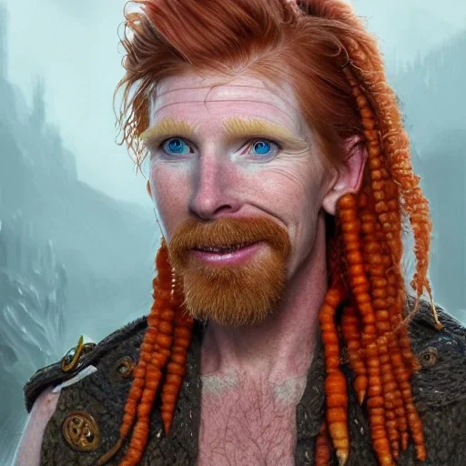 Portrait of Courtney Gains as a ruggedly handsome but joyful roguish pirate, charismatic, attractive male, masculine, perfect, precisely detailed, lightly freckled face, meticulously detailed multi-hued ginger carrot colored cherry fire red hair; Malachai of the corn; fantasy, intricate, elegant, highly detailed, digital painting, artstation, concept art, matte, sharp focus, illustration, art by artgerm and greg rutkowski and alphonse mucha