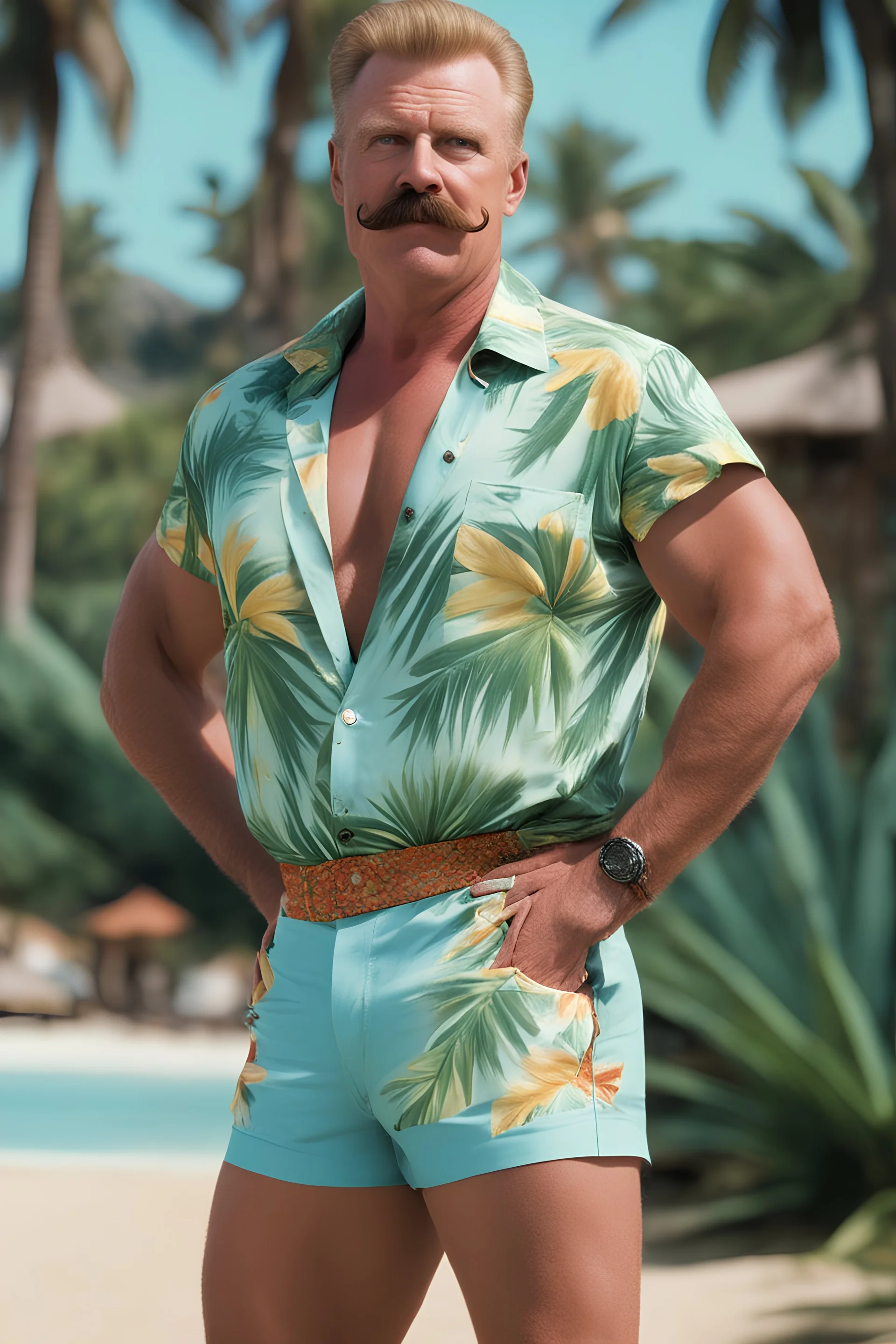 Biff Tannen with a mustache, wearing a Hawaiian shirt and Bermuda shorts- well-lit, UHD, 1080p, professional quality, 35mm photograph by Scott Kendall