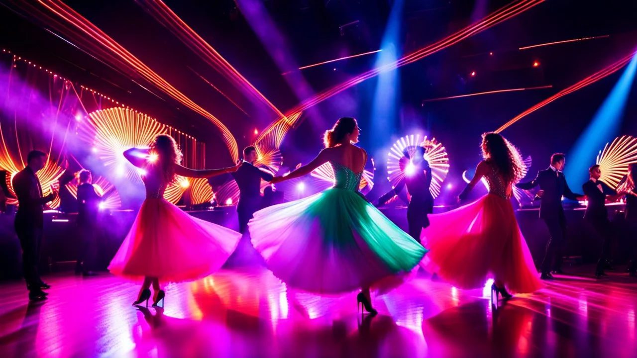 beautiful spanish dancers group dancing in luxury night club with dynamic lights