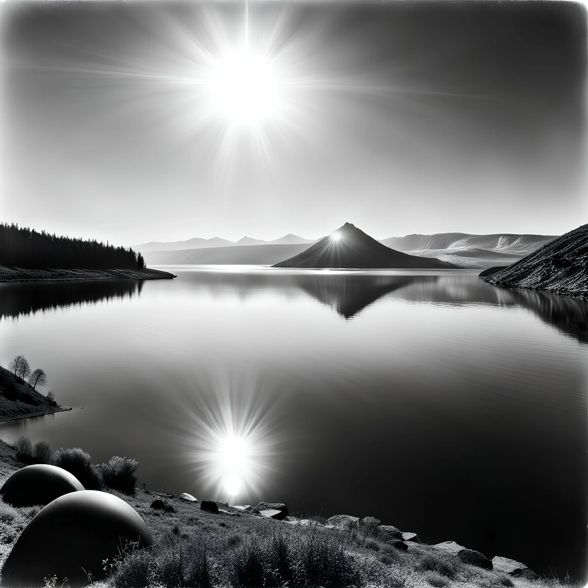 Photograph Ilford of a distant planet, a lake, reflections of a sun, a distant citi-scape of an alien civilization, peaceful, awesome