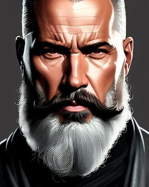 "MIddle aged white human male, with a trimmed but uneven beard, piercing eyes with slick back hair, full-scale head and shoulders portrait, 8k resolution concept art portrait by Greg Rutkowski, Artgerm, WLOP, Alphonse Mucha dynamic lighting hyperdetailed intricately detailed Splash art trending on Artstation triadic colors Unreal Engine 5 volumetric lighting Splash art fantasy"