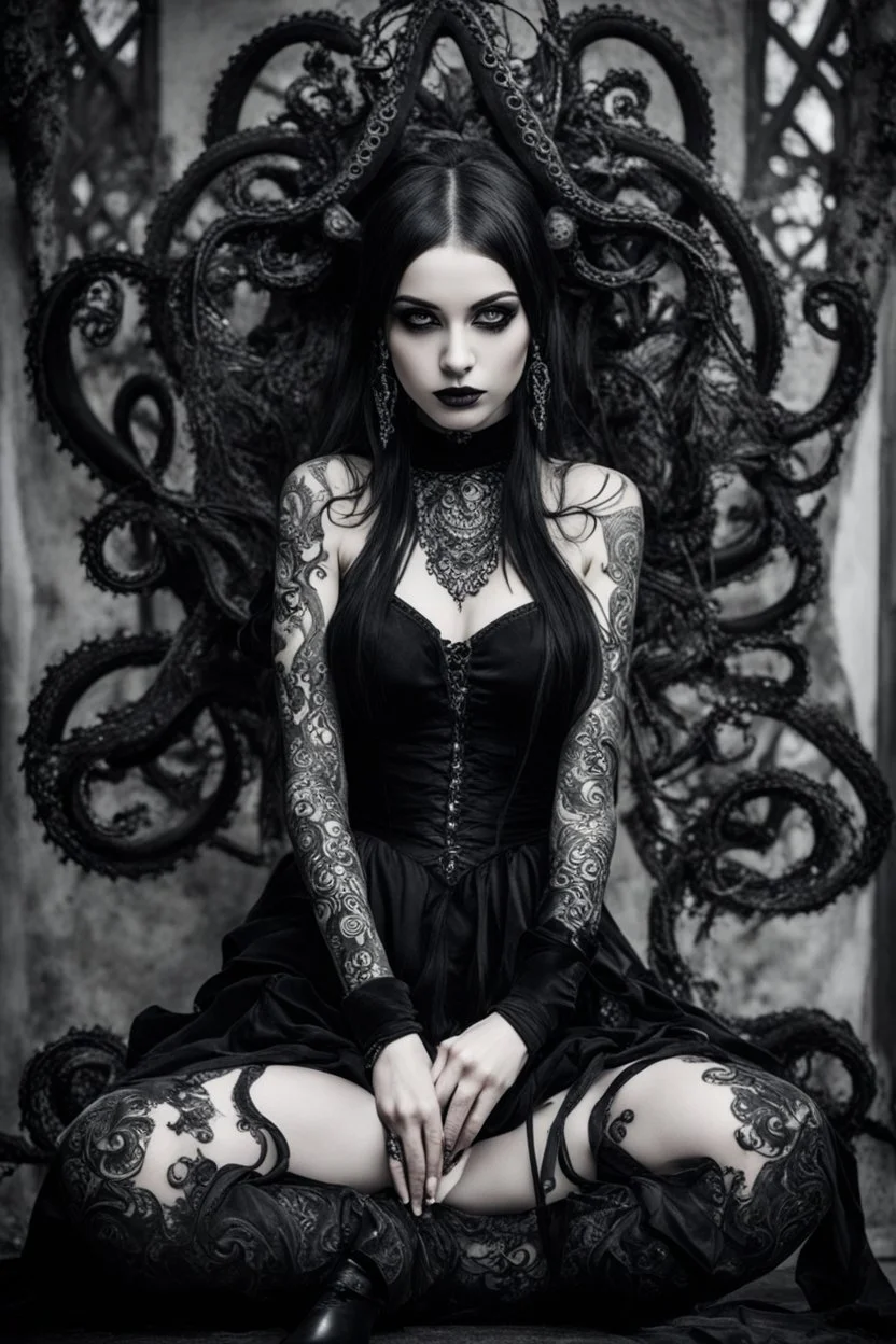 Girl goth tatto face, siting, fullbody, tentacles out from her, intricate, macro photography,