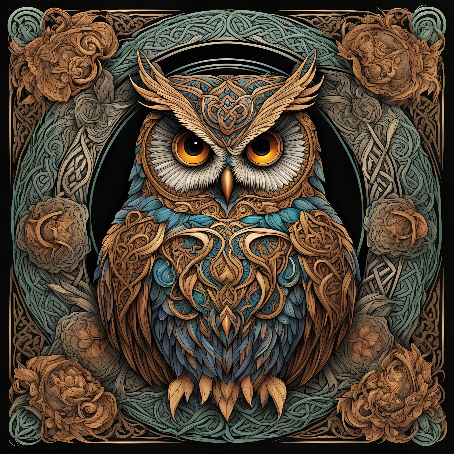celtic owl I centered | symmetrical | key visual | intricate | highly detailed | iconic | precise lineart | vibrant and natural all round colors | comprehensive cinematic | alphonse mucha style illustration I very high resolution | sharp focus | poster | no watermarks I plain black background I image to fit within the square