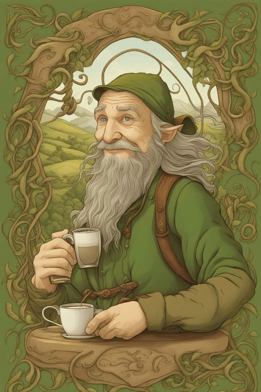 In the bustling Green Dragon inn, the hobbit barista worked tirelessly, though a smile never left his hairy face. For he possessed a deep and unusual love, even for a hobbit - his love was for the coffee bean. Under his fingers, the machine sang a song in time with his humming. He swayed and swirled the steaming cream with the rhythms of his heart. His eyes, often crinkled in delight, watched patterns emerge like memories made liquid. All who knew him agreed, this hobbit brought more than just d