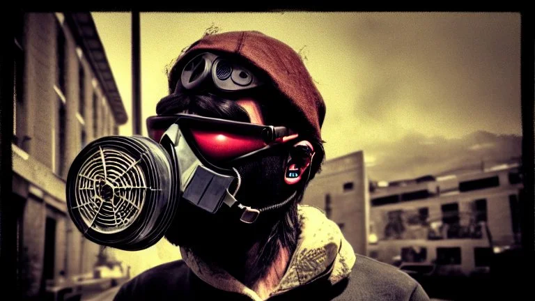 apocalypse hipster, in a respirator