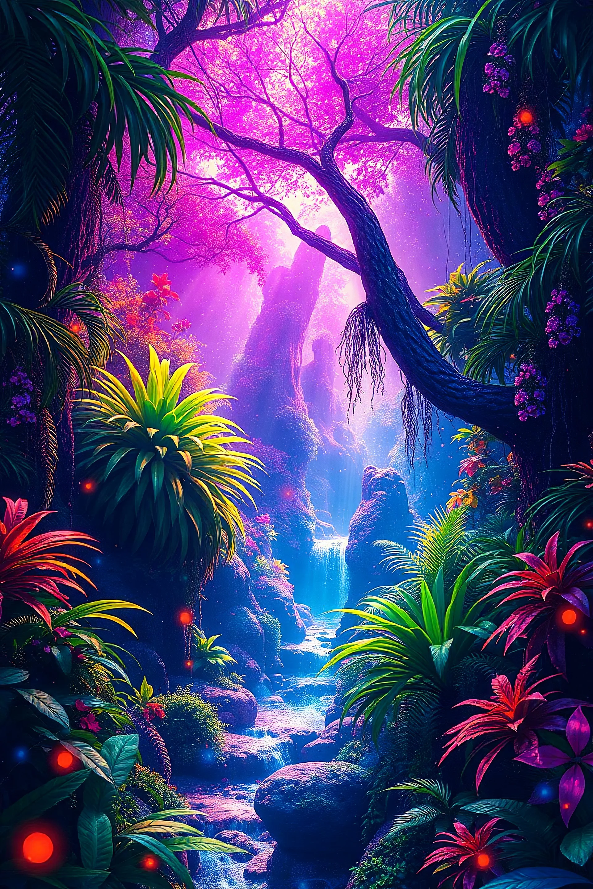 A hyper-realistic photo, A colourful jungle a masterpiece, highres dark fantasy concept art, dynamic lighting, hyperdetailed, intricate, Splash screen art, vibrant colour, volumetric lighting, triadic complementary colours glow particles