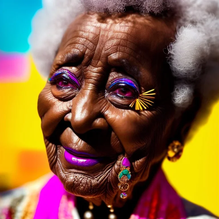 masterpiece, best quality, old woman, dark skinned, sparkling eyes, fluorescent skin, colorful makeup, afro, head shot, highly detailed body, sun light, 4K, RAW, depth of field, high contrast, realistic details, 24mm