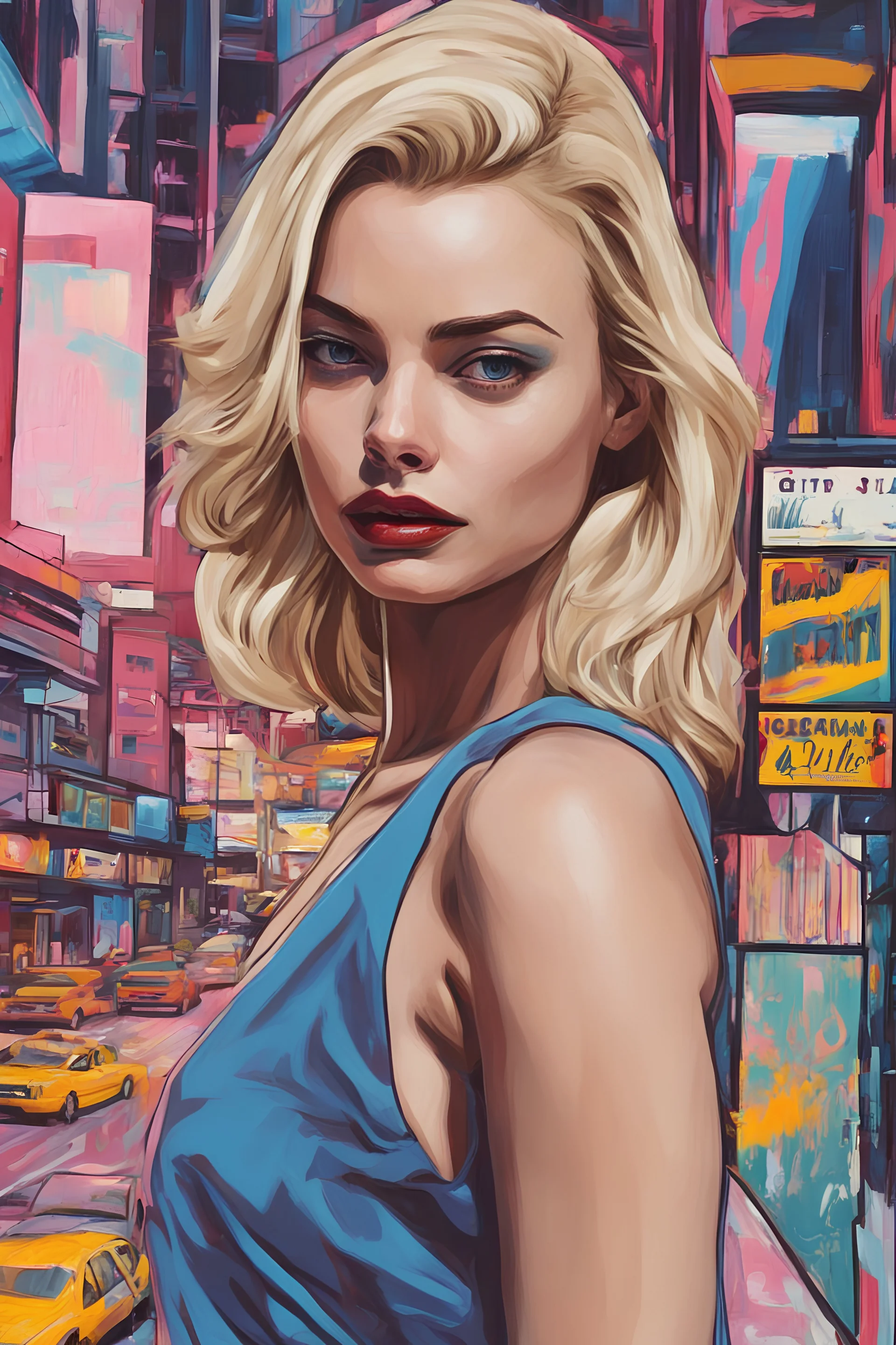 GTA V Margot Elise Robbie Pop Art psychology oil paiting In depth psychology display Roy Fox Lichtenstein style, dream, symptom, image in the background in the city artgerm display Gustav Klimt style artgerm display in the Miami Vice the 2024th century oil paiting. and the city itself seemed like a big illusion, full of light and shadows GTA V Miami Vice city the 2024th century