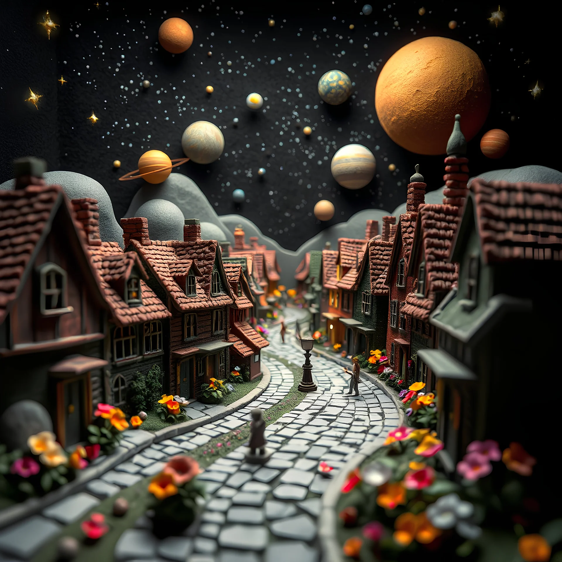 Detailed diorama of a street made of modeling clay and felt, village, stars, galaxy and planets, black sun, volumetric light, ZBrush, Max Ernst, flowers, naïve, Tim Burton, strong texture, extreme detail, Yves Tanguy, decal, rich moody colors, sparkles, Harry Potter, bokeh, odd