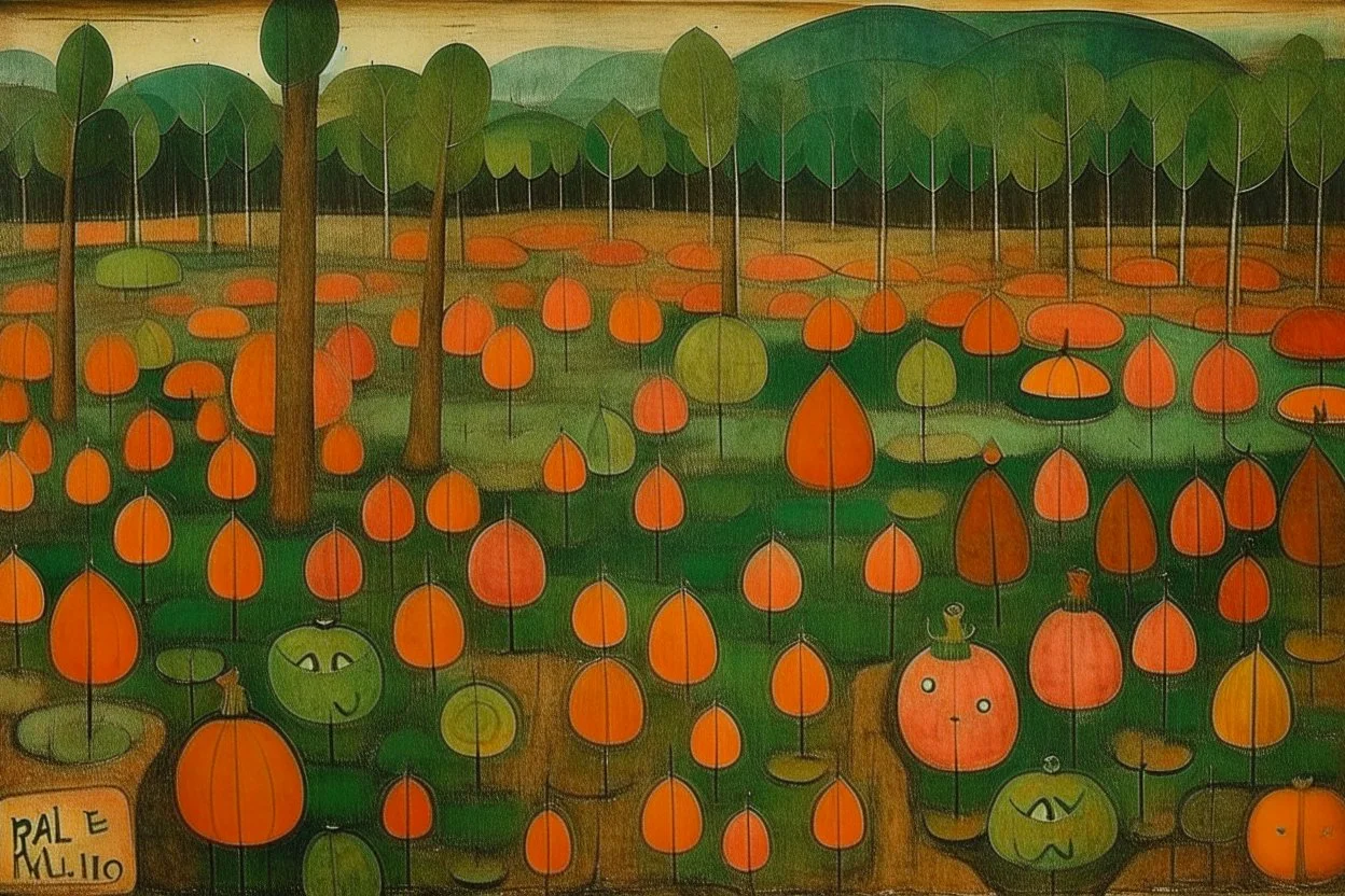 A swamp filled with pumpkins painted by Paul Klee