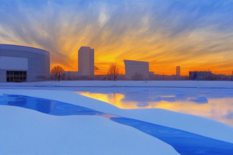 Sunset, winter, Futuristic buildings in the ice, impressionism painting