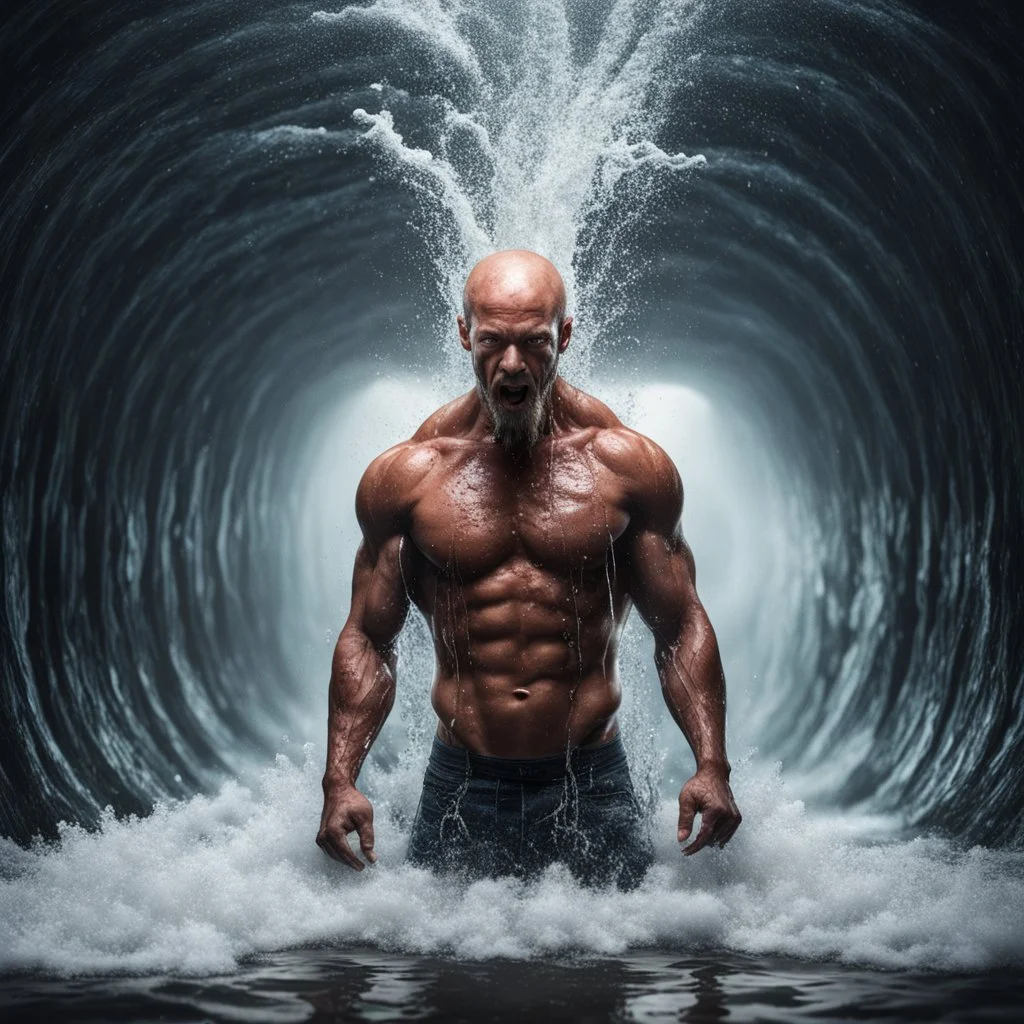 Hyper Realistic Muscular Octopus Head Man standing in a water flood tunnel with big wave splashes at rainy night