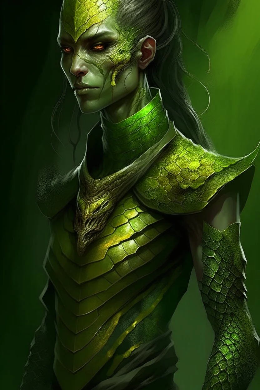 female snake woman, green scales, wearing a stealth armor, dungeons and dragons, fantasy, yellow eyes,