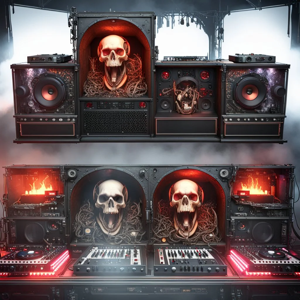 DJ of the damnded, insanely detailed DJ booth in hell, MID set, speakers and equipment made of bone, anatomically correct, add more skulls in th audience, photorealism, vray, 8k 3d https://stablecog.com/generate?o=a67b60e0-edd2-418d-9744-d1d585055d7fv https://stablecog.com/generate?o=93026b00-ac6b-436a-bc57-6aa04073d4a9