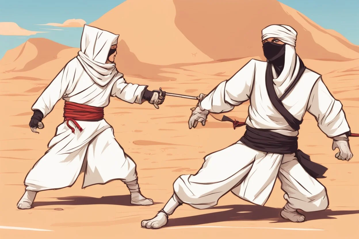 antropomorphic ninja cat fighting with a sheik in the desert in sunshine