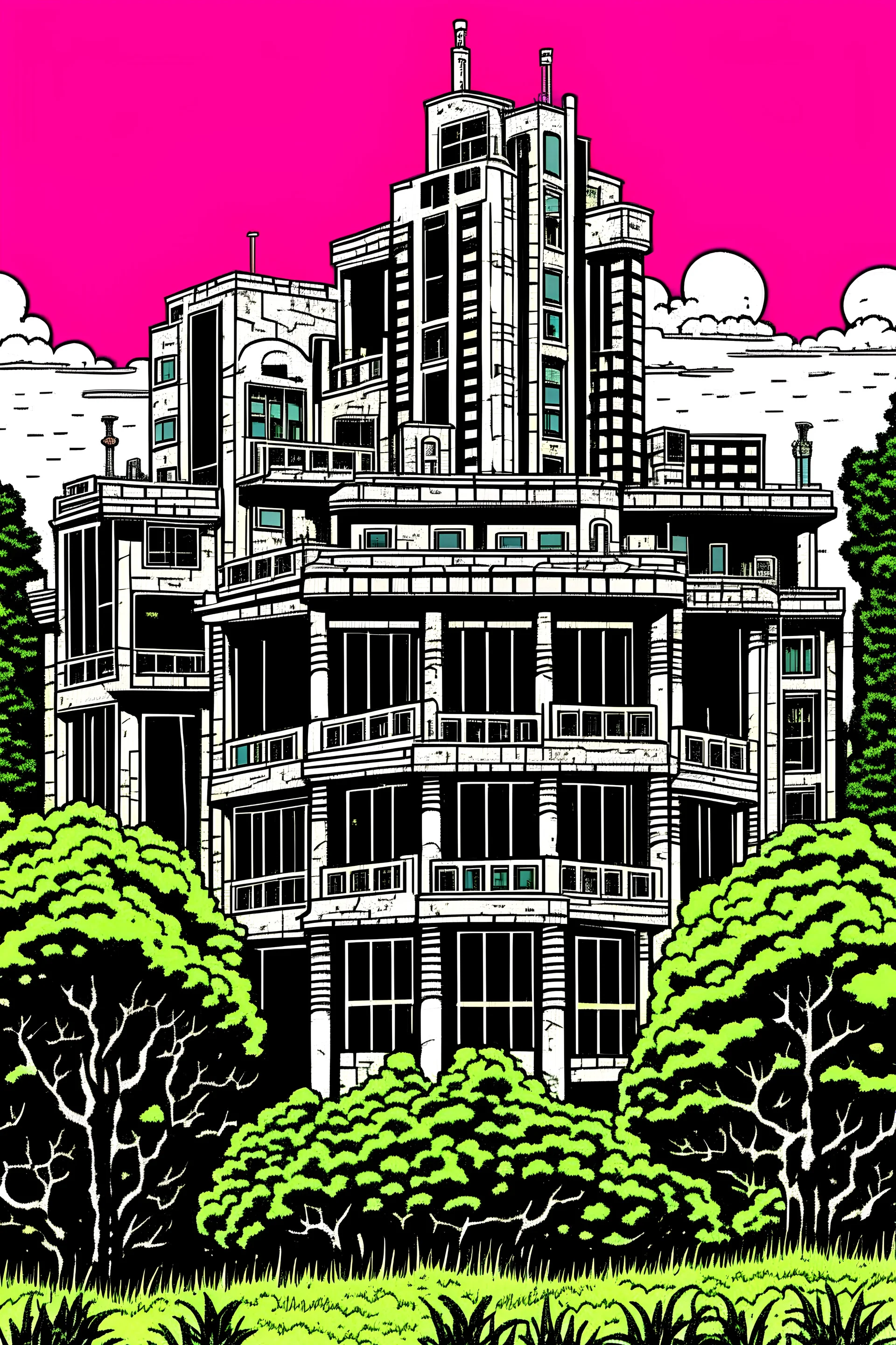 punisher sku;; CITY MANSION ON THE HILLLS in the style of Hiroshi Nagai