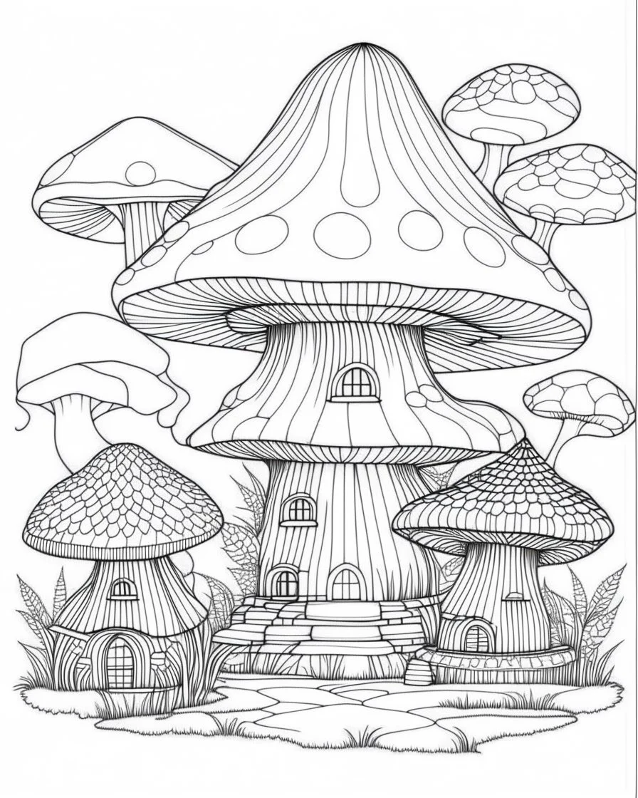 Coloring pages: Whimsical magical mushroom haven, complete with whimsical fairy houses and enchanting toadstools.