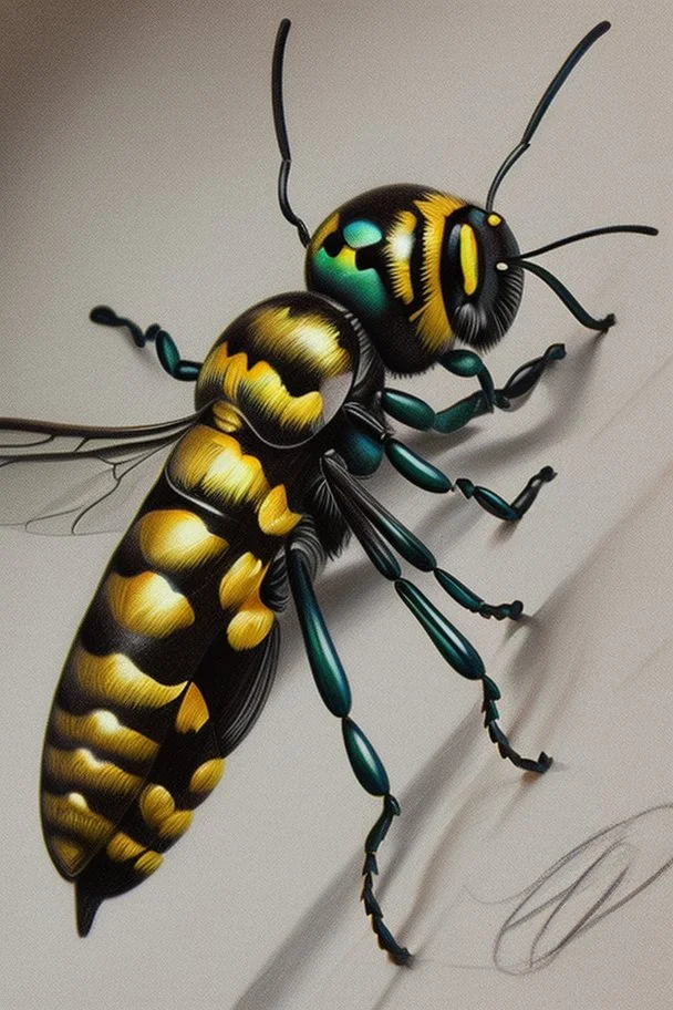 Realistic drawing with colored pencils of a wasp on a white background