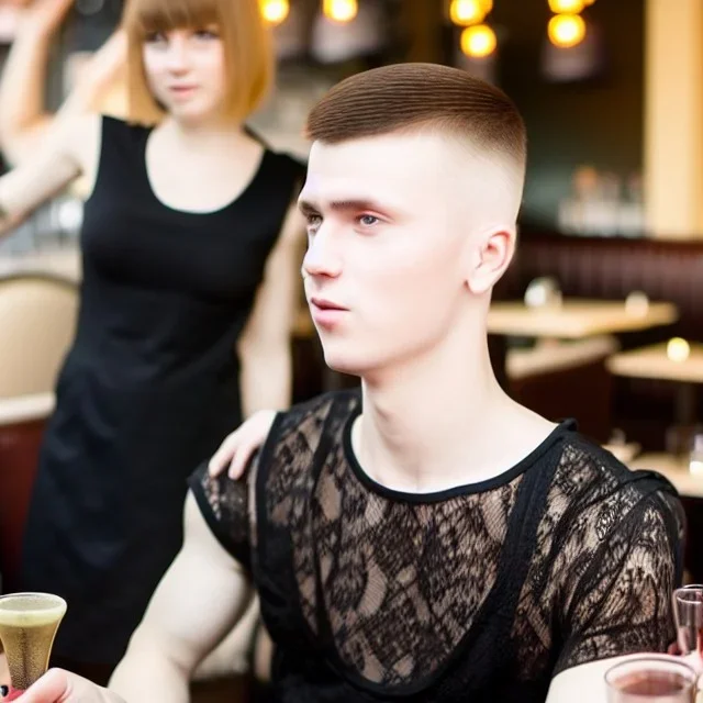 Russian guy boyish boylike short man's haircut boyish features in black girlish lacy cocktail dress in restaurant