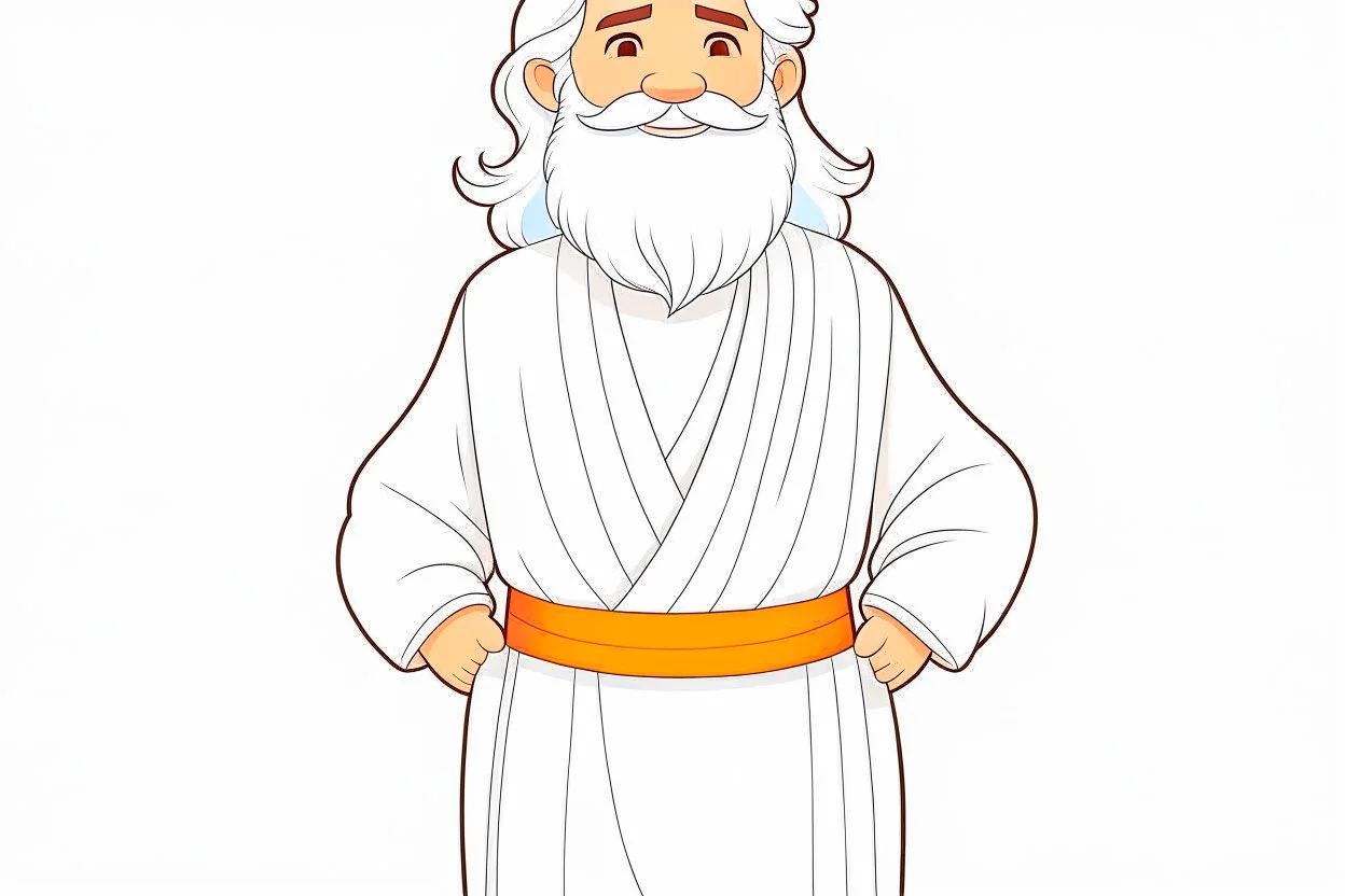 Disney style, white hair, white skin, white beard, coloring book, minimalism, simple lines, white background, STICKER, WHOLE BODY, A CUTE JESUS CHRIST, WAVY HAIR, BEARD, COVERING THE WHOLE BODY WHITE LONG TUNIC, LIGHT DOWN, HAPPY face , A detailed illustration, in the style of Studio Ghibli, 3D vector art, cute and quirky, fantasy art, Adobe Illustrator, hand-drawn, low-