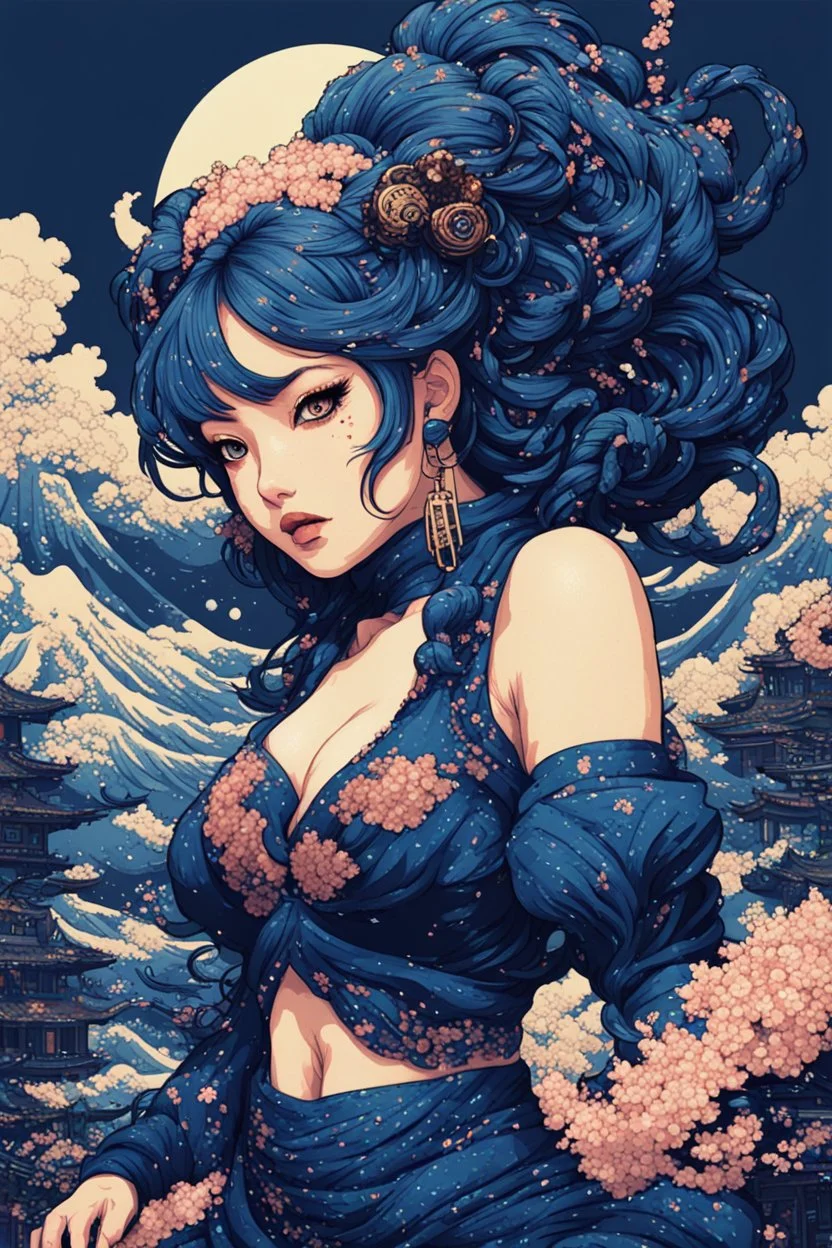 8bits, Pixel Art, beautiful cyberpunk huge girl, hyperdetailed, illustration by Katsushika Hokusai, darkblue tones,