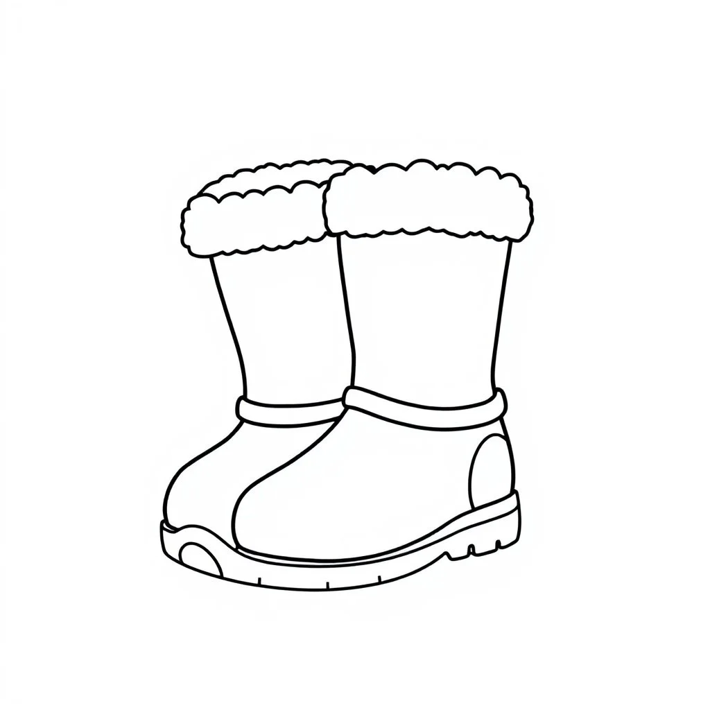 A black and white cute drawing of winter boots, only outline, white background