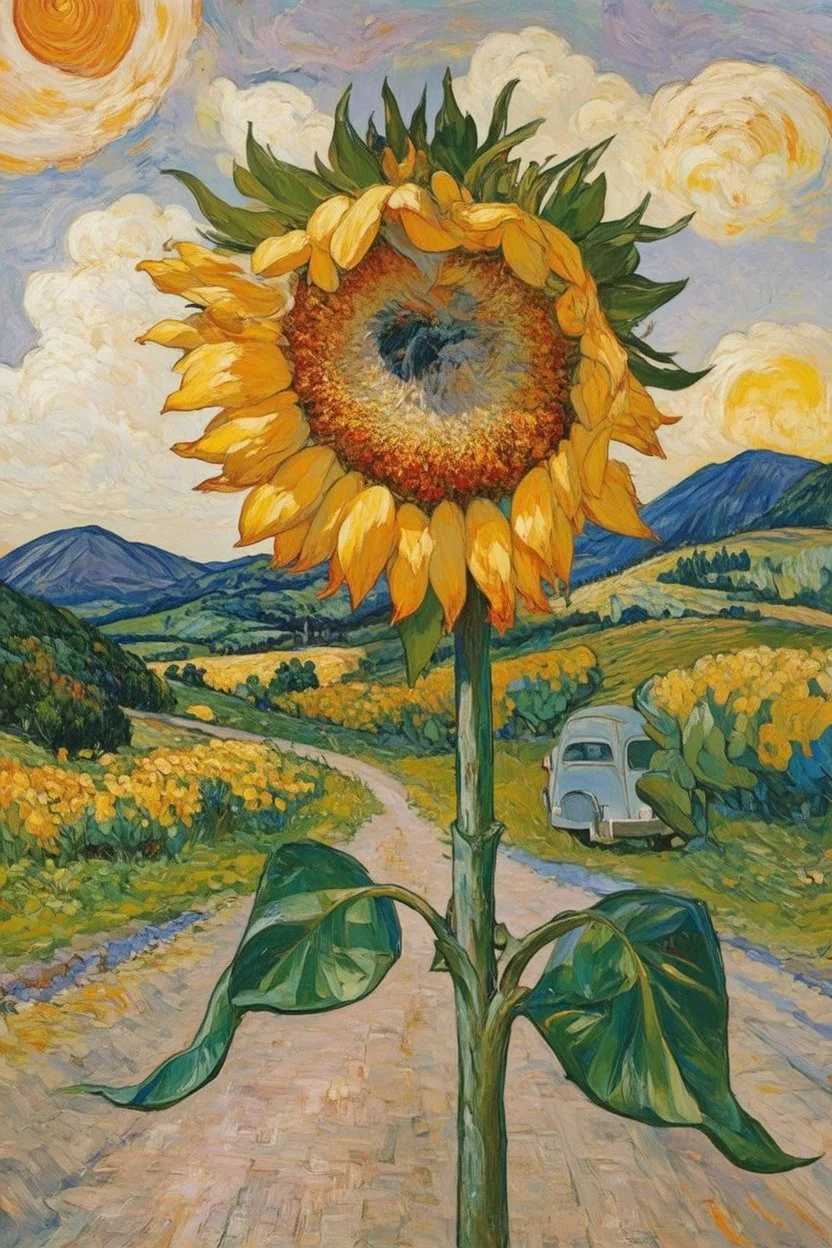 strange things happen; surrealistic element in a sunny Van Gogh-like Post-Impressionistic dreamy landscape