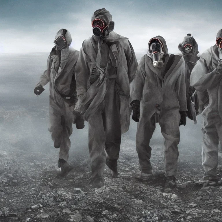 3 hommes en costume gris, masque à gaz, 4k, réaliste, paysage dévasté explosion nucléaire en fond, couleurs vives