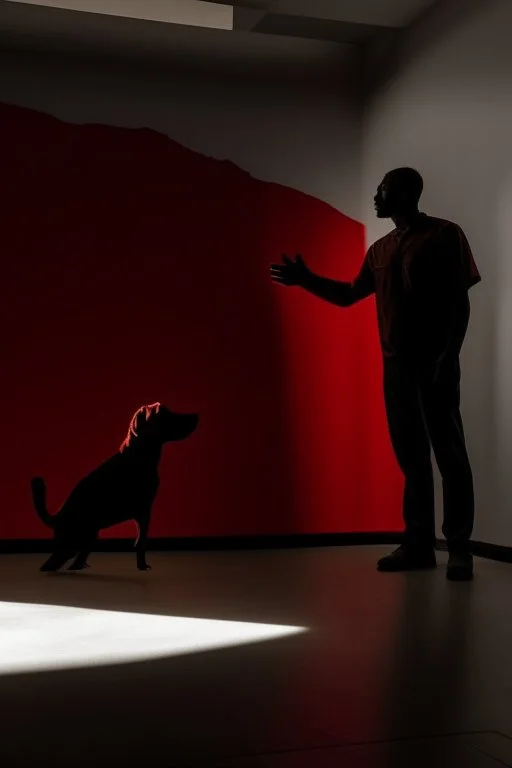 a man in an empty space standing in front of a wall looking at his shadow reflected on the wall. The shadow is raising his hands , a red puppy sleeping in the background
