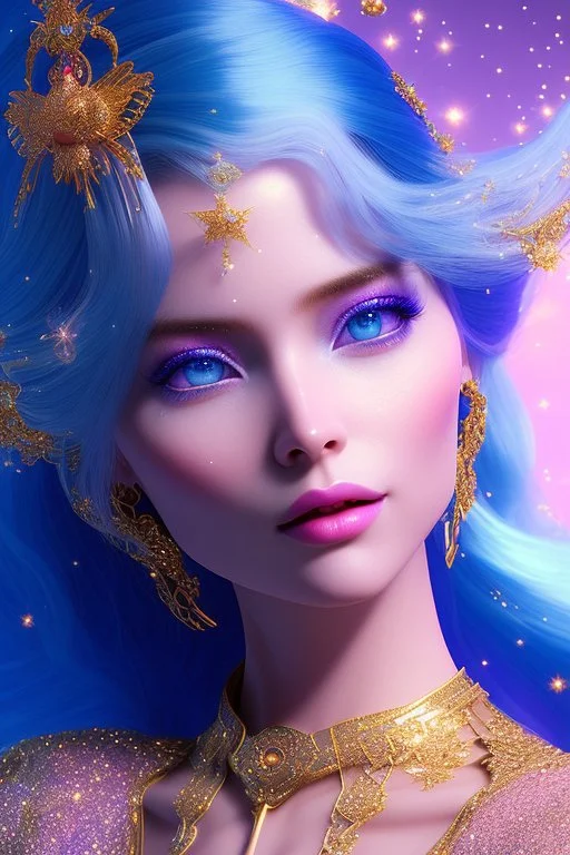 woman glitter blue fairy in a galactic ambiance, long blue hair, detailed gorgeous smile, delicate colors in the foreground, full of details, smooth, light effect，vaporwave colorful, smooth, extremely sharp detail, finely tuned detail, ultra high definition, 8 k, unreal engine 5, ultra sharp