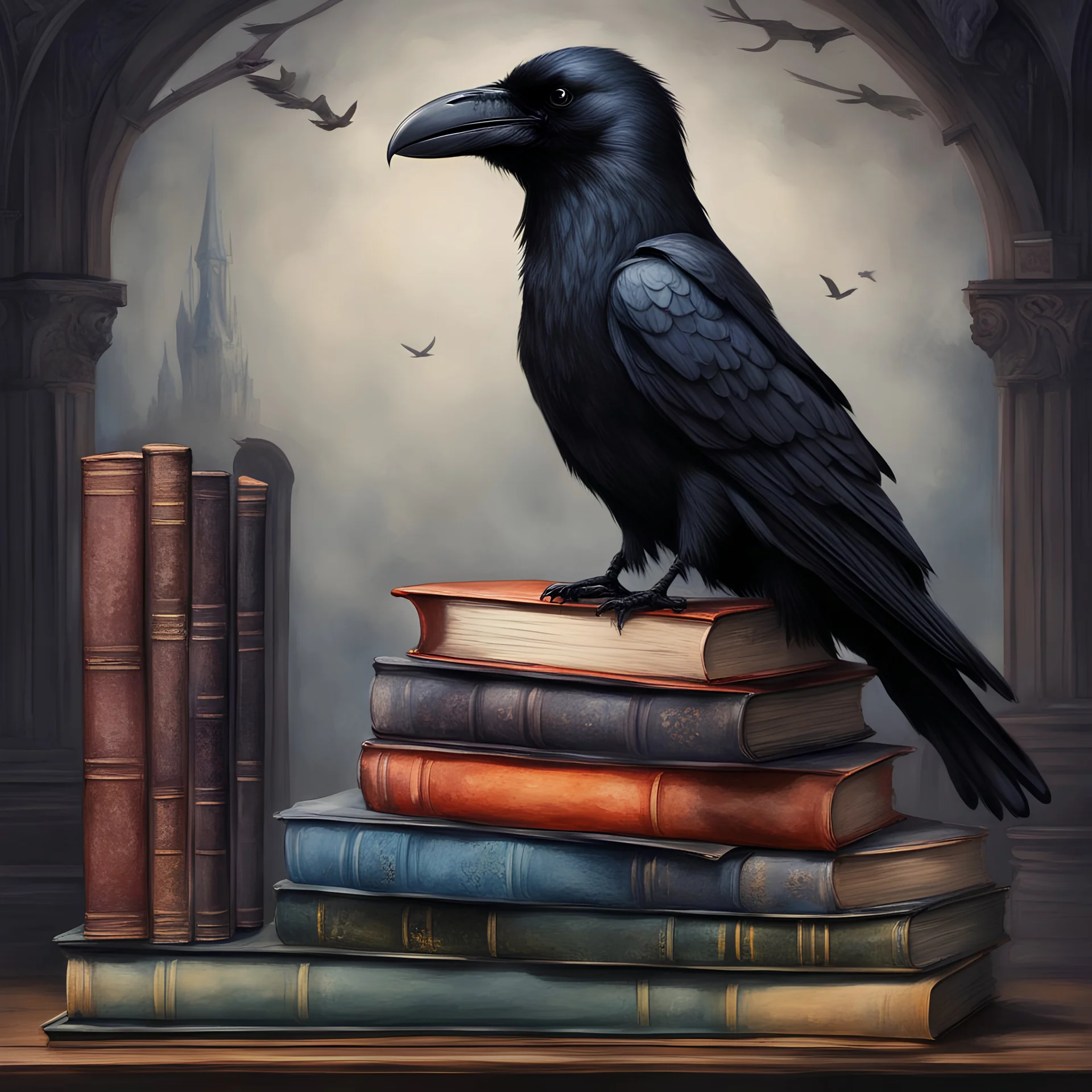 realistic a painting of a raven sitting on a stack of books, a coloured storybook illustration by Andersson and Grimm, gothic art, an old gothic library, everything detailed, 3D beautiful natural background