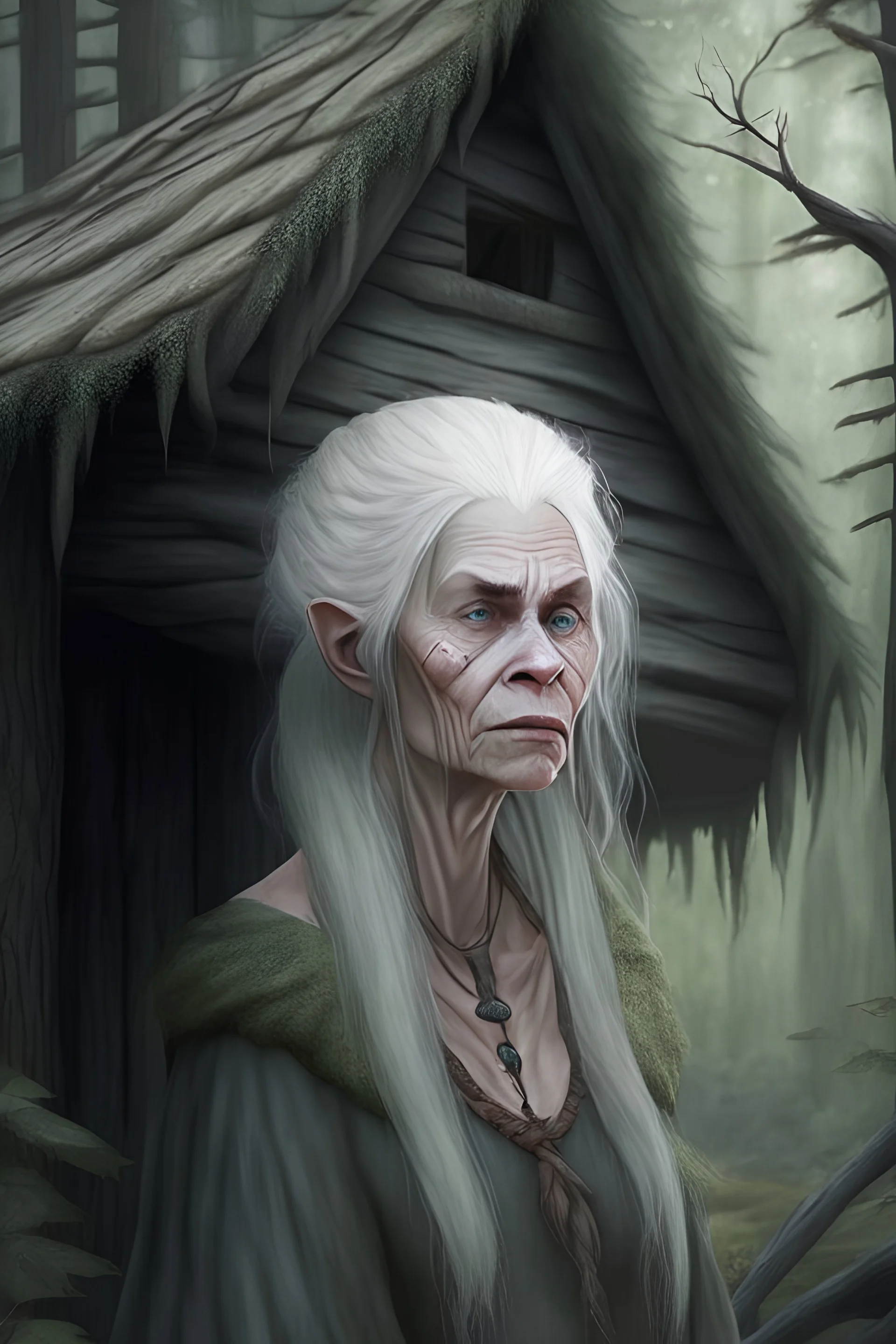 ugly medieval witch, pale skin, grey hair, low plunge neck, forest hut background, realistic