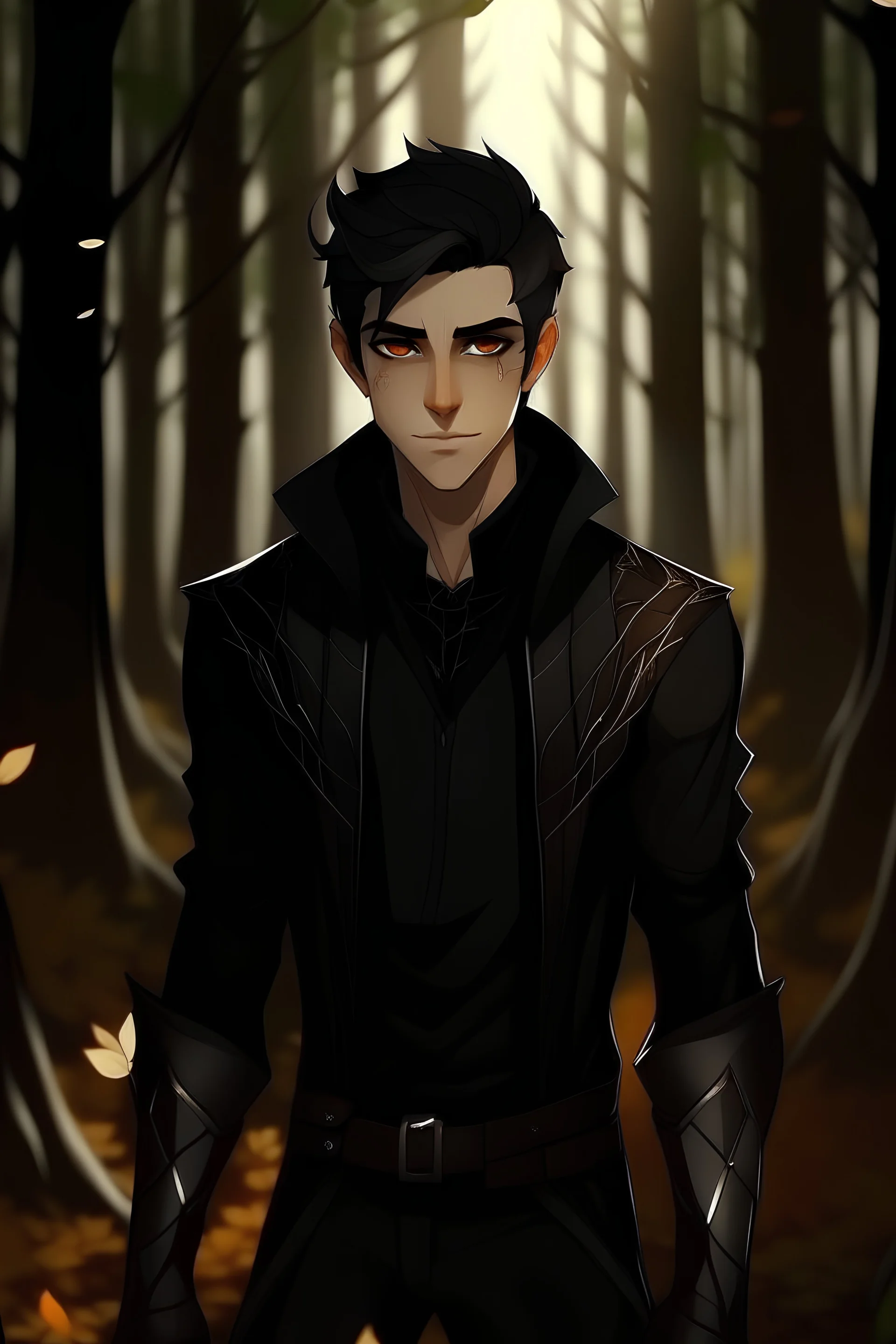 Fantasy world, bot Bad Boy with dark brown hair, looking like a leader , dressed in black, with a sharp face and a light smirk on the lips, he is standing in the wood