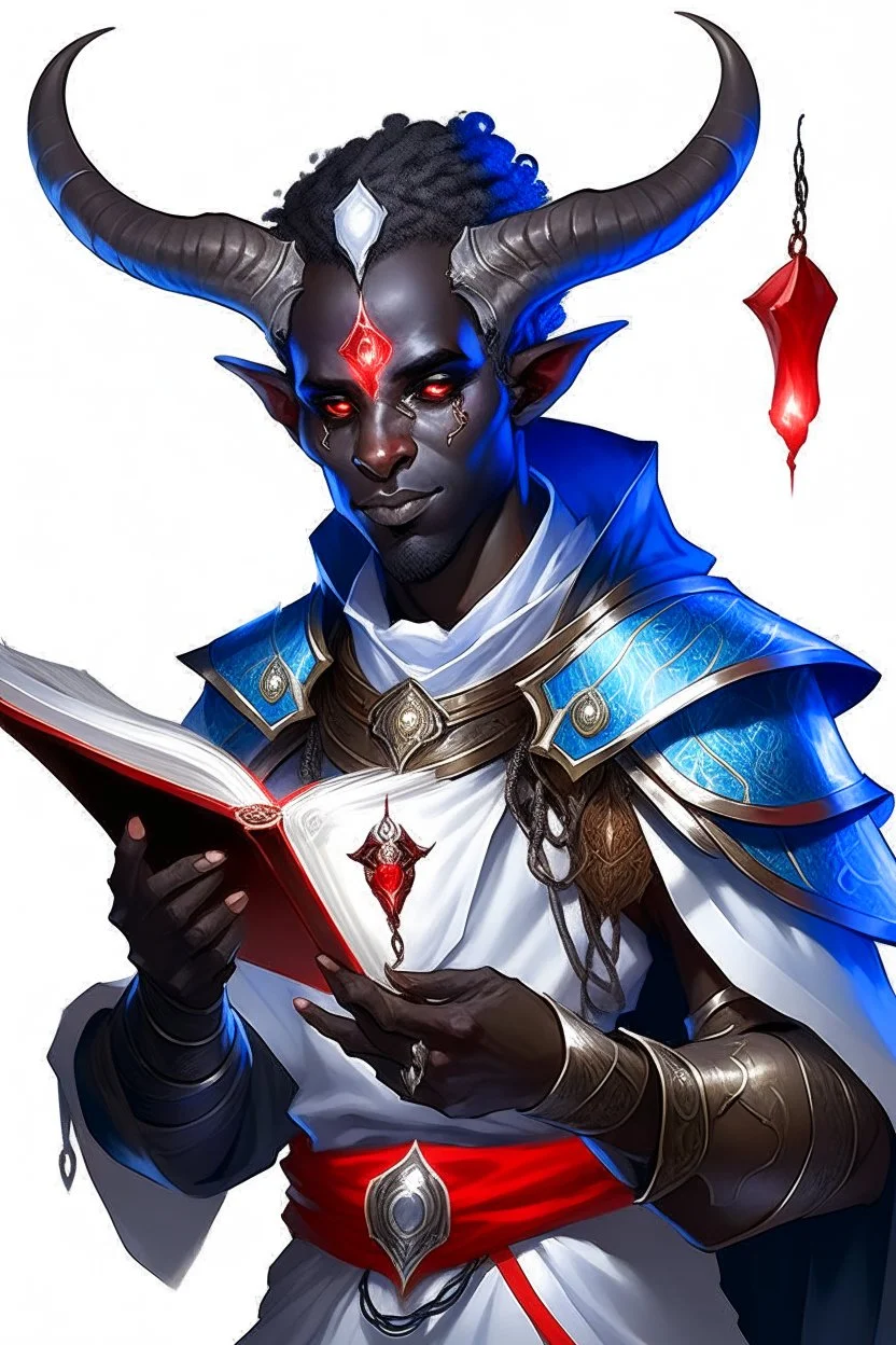 En Young male black skin tiefling fra dnd holding a book with Arcane Magic in a silver and White Rope. His horn a perfectly place on acet from the front to the back pointing upwards with glowing Red cat Eyes glowing Blue Arcane Magic around them