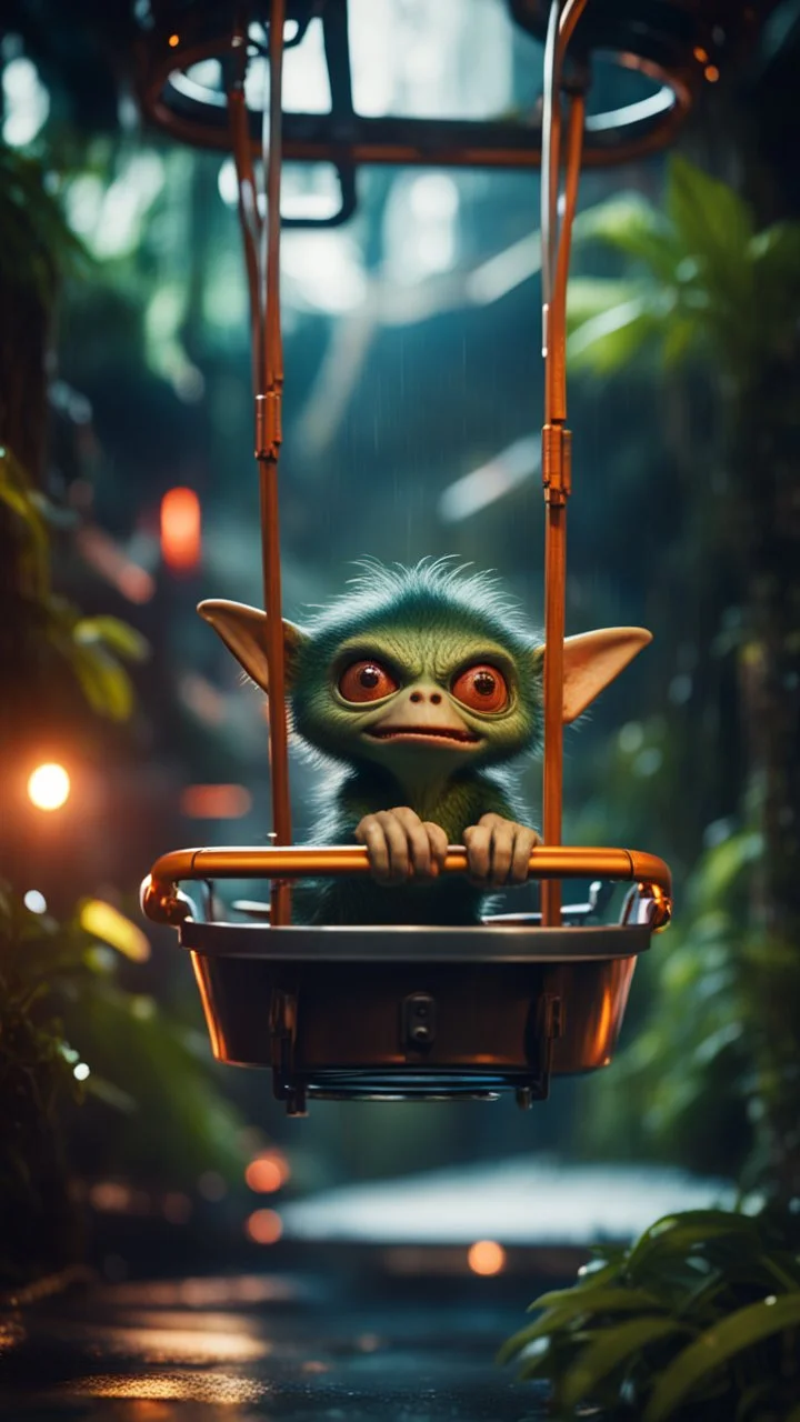 close up portrait of a gremlin mode a bucket ski lift in dark lit reflective wet jungle metallic hall dome hotel tunnel, in the style of a game,bokeh like f/0.8, tilt-shift lens 8k, high detail, smooth render, down-light, unreal engine, prize winning