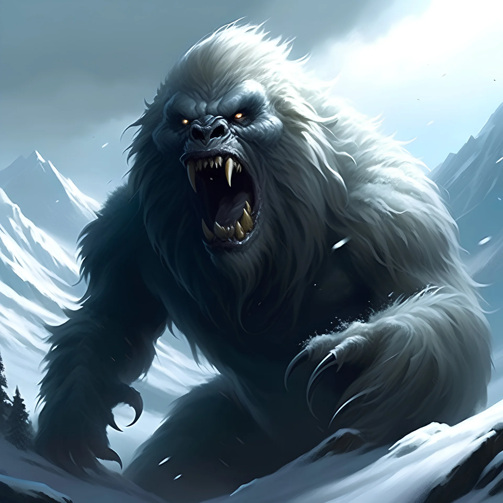 Trading card game style, large scary yeti roaring on a snowy mountain , high detail, photo, dark fantasy, illustration