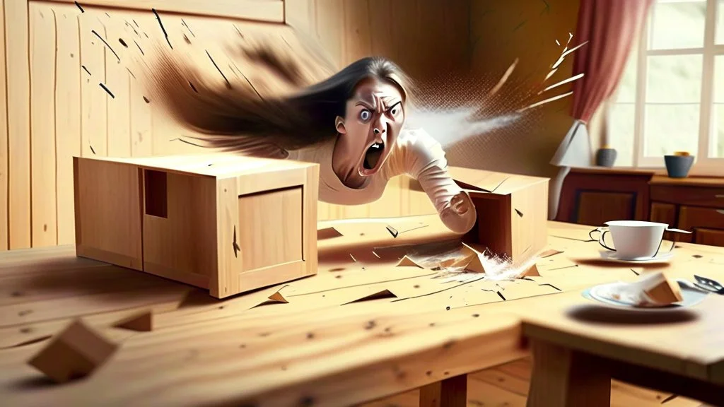 wooden table with invisible tabletop while woman starts frantically tearing through the box all over theo room