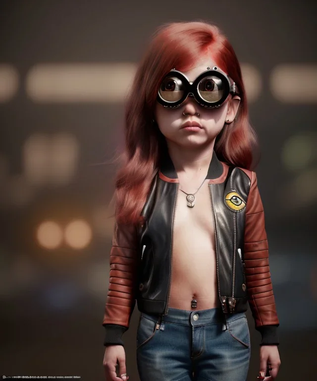 Female Minion toddler, steampunk, full body, red hair, leather jacket, dramatic lighting, hyper realistic