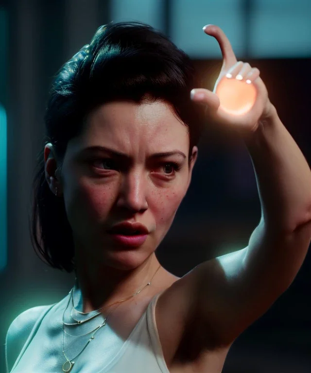 Ultra Realistic image, photo studio, medium shot view, a woman making the fuck off gesture, soft color, highly detailed, unreal engine 5, ray tracing, RTX, lumen lighting, ultra detail, volumetric lighting, finely drawn, high definition, high resolution.