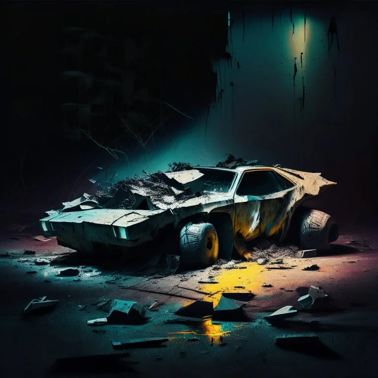 car concrete fragments illuminated at night style of Justin Mortimer